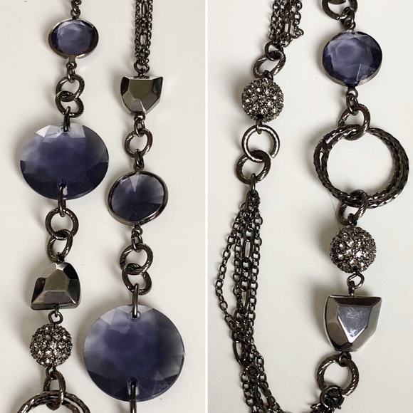 LIA SOPHIA Gun Metal Tone Chain Purple Jeweled Long Necklace - Picture 14 of 16